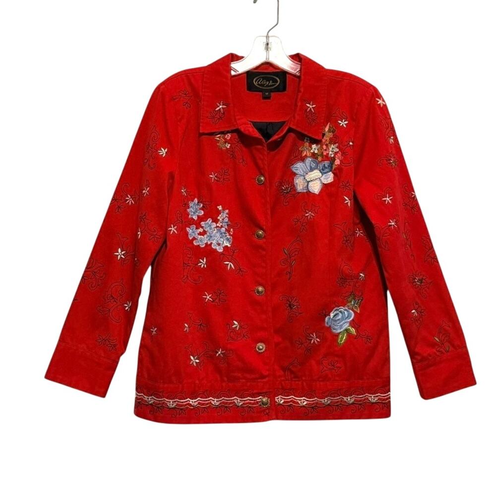 Alex Kim Floral Embroidered Button Front Jacket Red Womens Medium Art to Wear